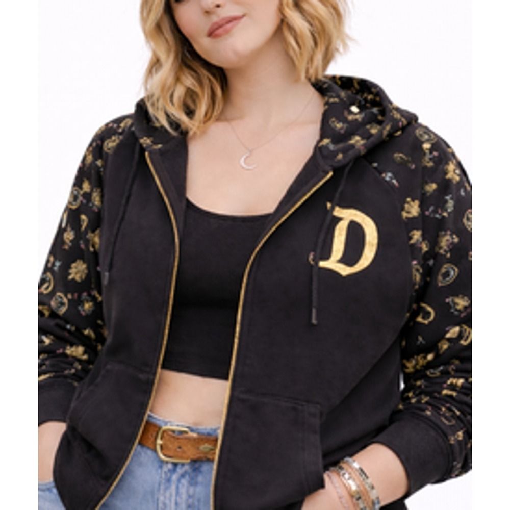 Disney Black Gold Crest Print Zip Hoodie Women's 2XL Streetwear Sweatshirt